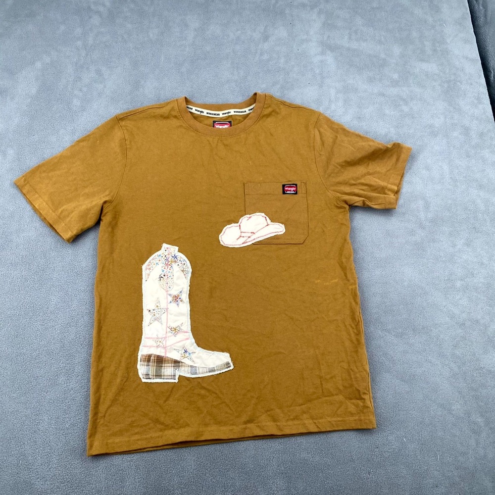 Wrangler‎ Workwear T Shirt Mens S (34-36) Brown Cotton Patchwork Western Boot